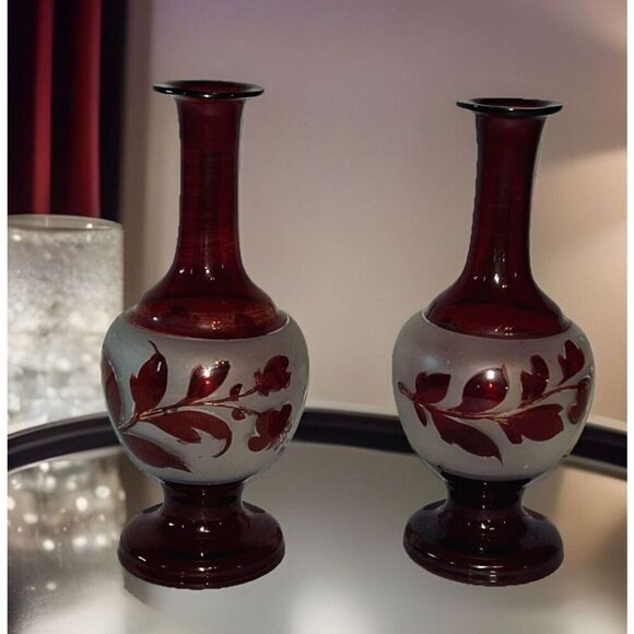 2  Vintage Czech Bohemian Ruby Red Frosted Hand Blown Glass Bud Vases - Picture 1 of 6